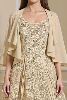 2 Piece Champagne Tea Length Lace Mother of the Bride Dress with Jacket