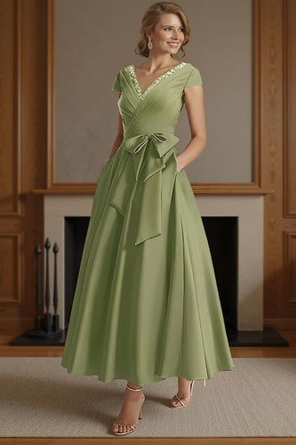 Dusty Sage A Line V Neck Ruched Ankle Length Mother of the Bride Dress with Bow