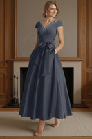 Load image into Gallery viewer, Dusty Sage A Line V Neck Ruched Ankle Length Mother of the Bride Dress with Bow