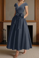 Load image into Gallery viewer, Dusty Sage A Line V Neck Ruched Ankle Length Mother of the Bride Dress with Bow