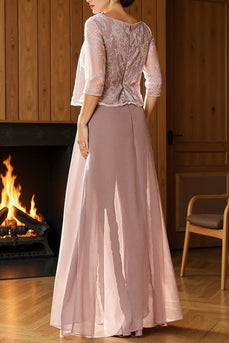 2 Piece Dusty Rose Long Lace Mother of the Bride Pant Suits