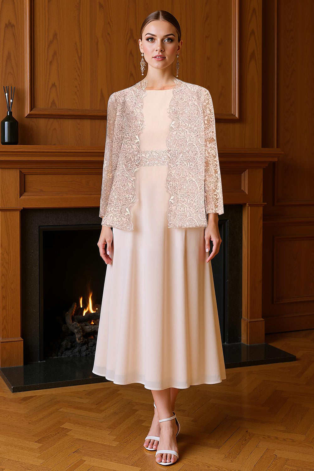 2 Piece Blush Pink Tea Length Mother of the Bride Dress with Lace Jacket