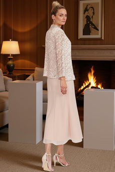 2 Piece Blush Pink Tea Length Mother of the Bride Dress with Lace Jacket