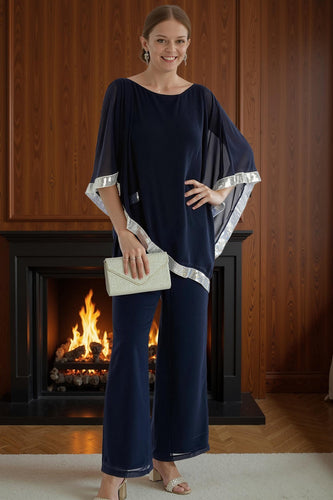 2 Piece Sparkly Navy Long Mother of the Bride Pant Suits
