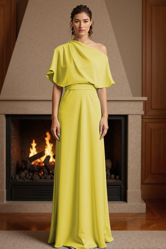 Yellow One Shoulder Floor-Length Ruched Mother of the Bride Dress