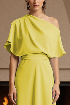 Yellow One Shoulder Floor-Length Ruched Mother of the Bride Dress