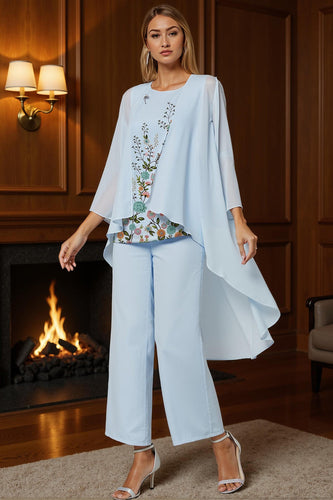 3 Piece Light Blue Long Floral Mother of the Bride Pant Suits