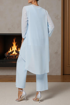 3 Piece Light Blue Long Floral Mother of the Bride Pant Suits