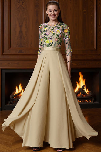 Champagne Long Floral Mother of the Bride Jumpsuits with Cape