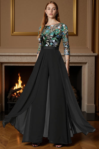 Sparkly Black Long Beaded Mother of the Bride Jumpsuit with Cape