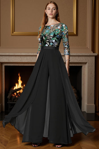 Sparkly Black Long Beaded Mother of the Bride Jumpsuit with Cape