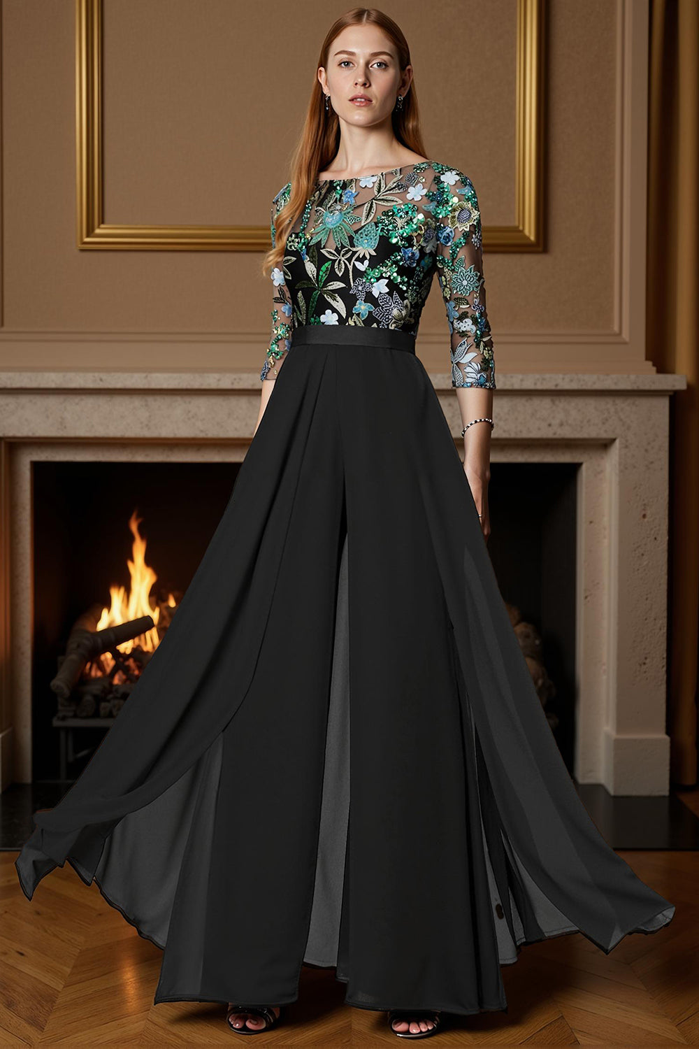 Sparkly Black Long Beaded Mother of the Bride Jumpsuit with Cape