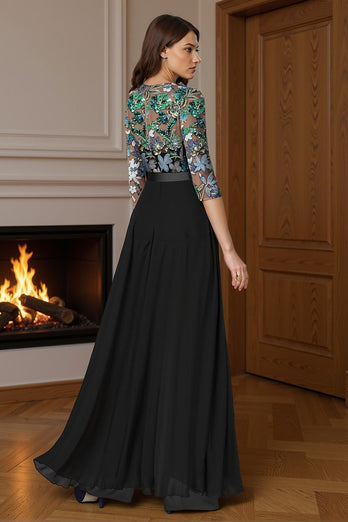 Sparkly Black Long Beaded Mother of the Bride Jumpsuit with Cape