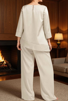 2 Piece Apricot Bateau Neck Long Mother of the Bride Pant Suits with Sleeves