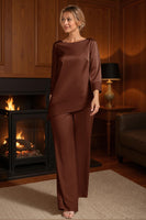 Load image into Gallery viewer, 2 Piece Apricot Bateau Neck Long Mother of the Bride Pant Suits with Sleeves