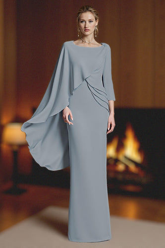 Dusty Blue Mermaid Ruched Long Mother of the Bride Dress with Cape