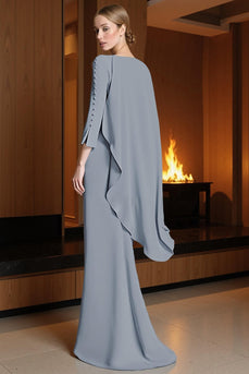 Dusty Blue Mermaid Ruched Long Mother of the Bride Dress with Cape