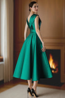 Load image into Gallery viewer, Green Tea Length Satin Mother of the Bride Dress with Bow