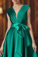 Load image into Gallery viewer, Green Tea Length Satin Mother of the Bride Dress with Bow