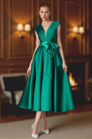 Load image into Gallery viewer, Green Tea Length Satin Mother of the Bride Dress with Bow