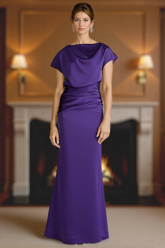 Plum Ruched Mermaid Satin Floor-Length Mother of the Bride Dress with Sleeves