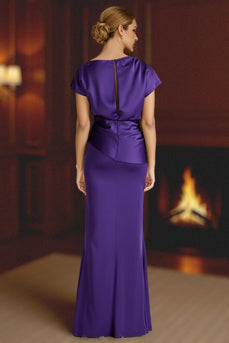 Plum Ruched Mermaid Satin Floor-Length Mother of the Bride Dress with Sleeves