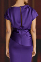 Load image into Gallery viewer, Plum Ruched Mermaid Satin Floor-Length Mother of the Bride Dress with Sleeves