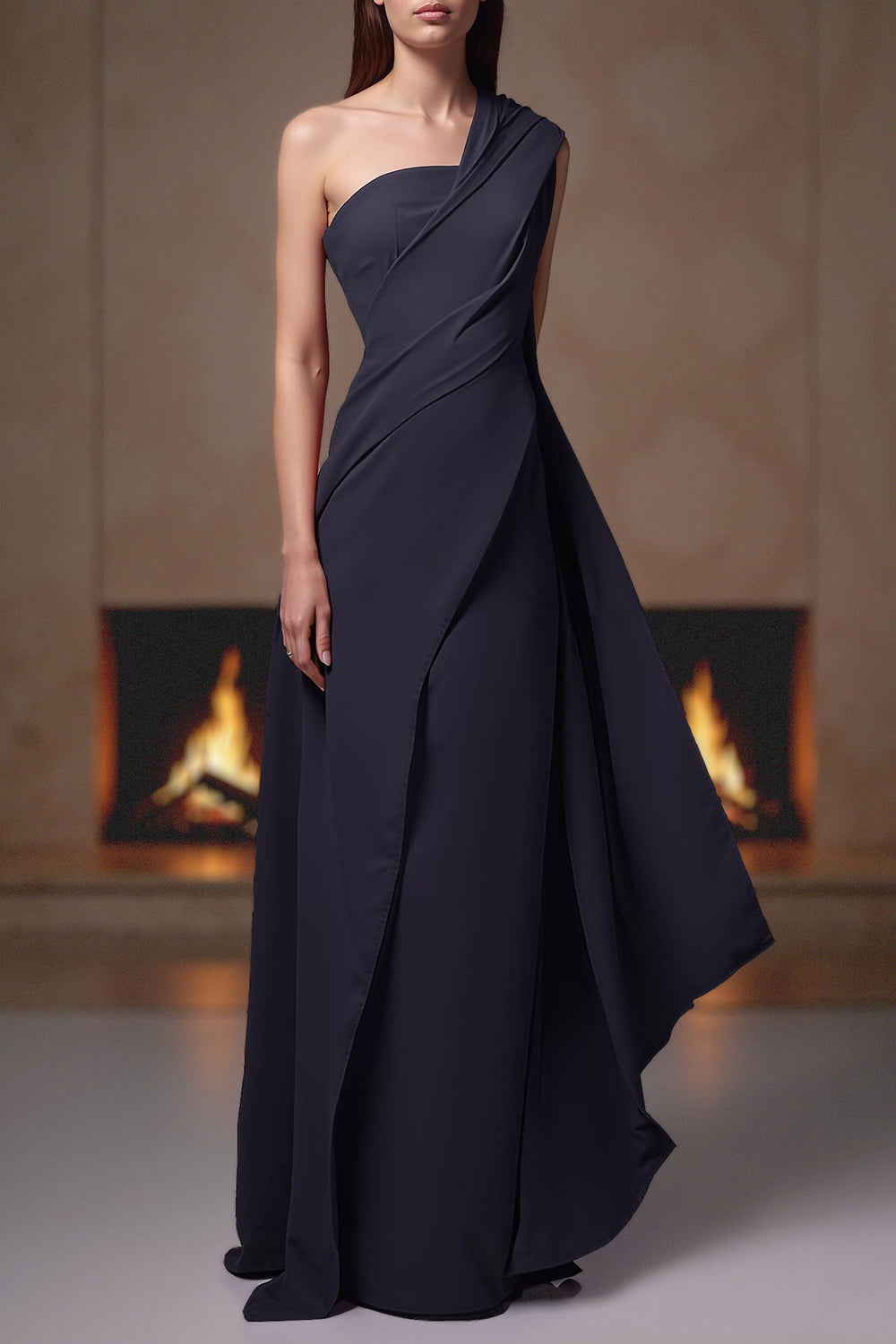 Navy Chiffon One Shoulder Long Mother of the Bride Dress