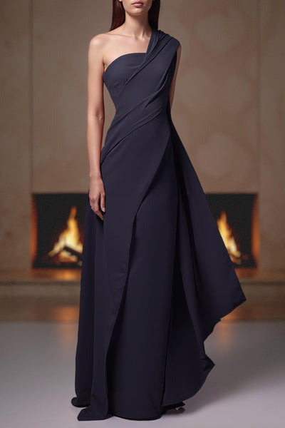 Navy Chiffon One Shoulder Long Mother of the Bride Dress