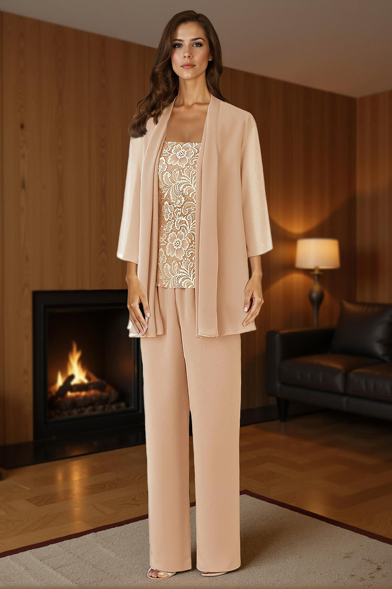 Load image into Gallery viewer, 3 Piece Purple Lace Long Mother of the Bride Pant Suits with Jacket