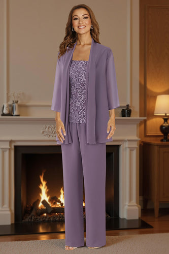 3 Piece Purple Lace Long Mother of the Bride Pant Suits with Jacket