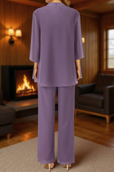 3 Piece Purple Lace Long Mother of the Bride Pant Suits with Jacket