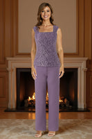 Load image into Gallery viewer, 3 Piece Purple Lace Long Mother of the Bride Pant Suits with Jacket