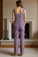 Load image into Gallery viewer, 3 Piece Purple Lace Long Mother of the Bride Pant Suits with Jacket