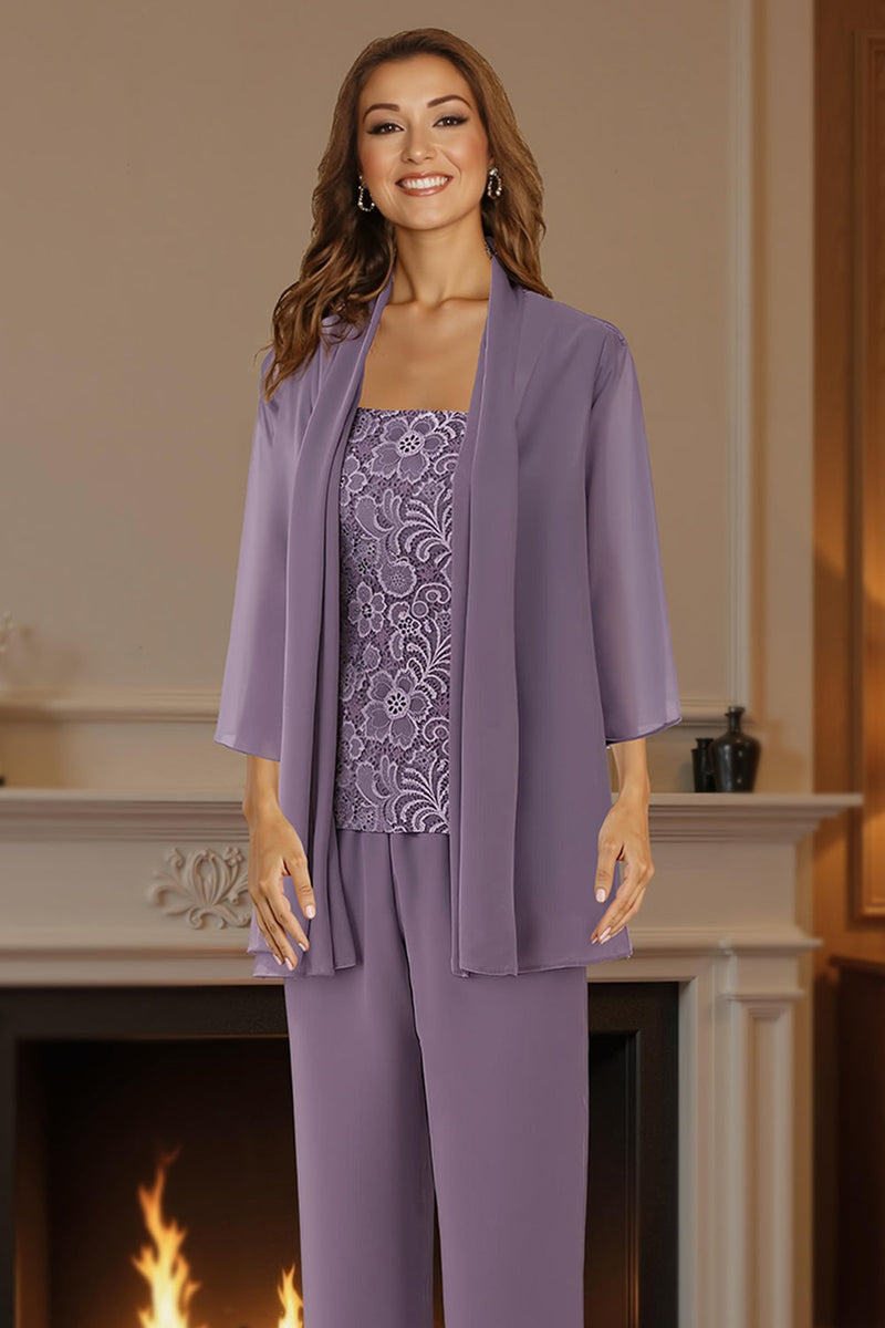 Load image into Gallery viewer, 3 Piece Purple Lace Long Mother of the Bride Pant Suits with Jacket