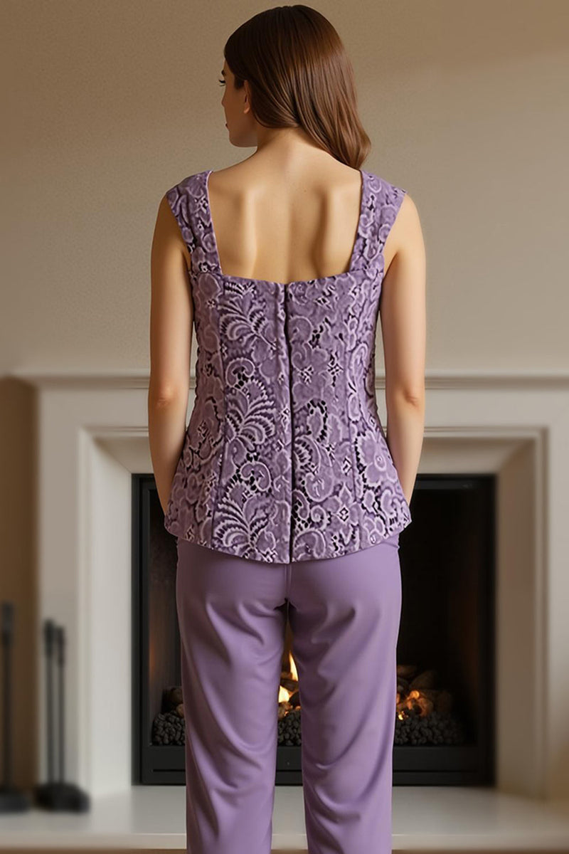 Load image into Gallery viewer, 3 Piece Purple Lace Long Mother of the Bride Pant Suits with Jacket