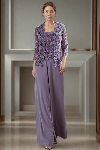 3 Piece Purple Square Neck Long Mother of the Bride Pant Suits with Jacket