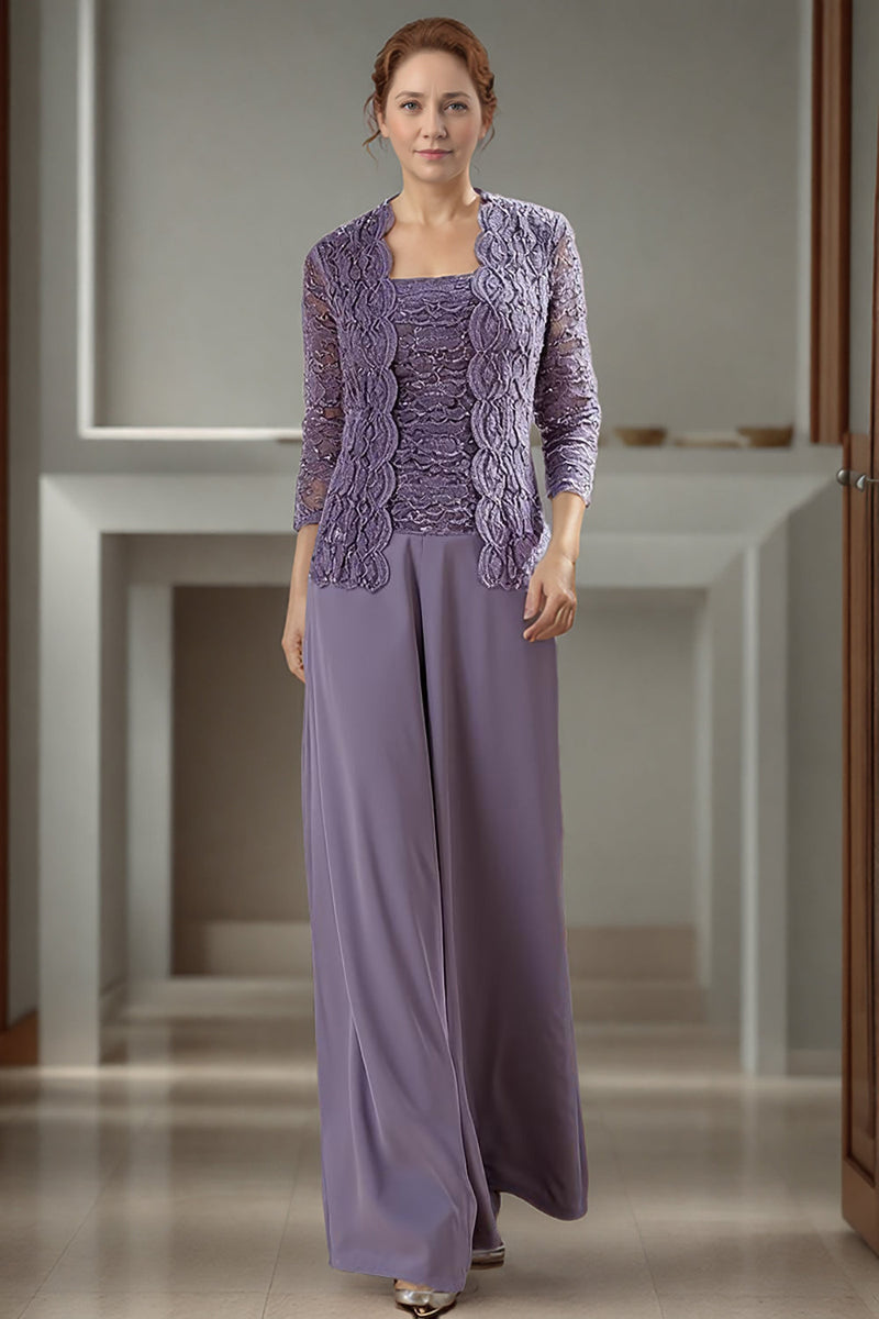 Load image into Gallery viewer, 3 Piece Purple Square Neck Long Mother of the Bride Pant Suits with Jacket