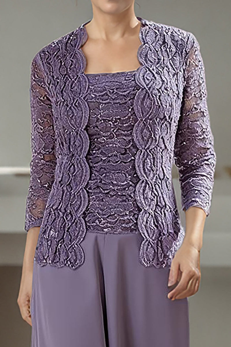 Load image into Gallery viewer, 3 Piece Purple Square Neck Long Mother of the Bride Pant Suits with Jacket