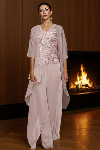 3 Piece Dusty Rose Lace Long Mother of the Bride Pant Suits with Jacket