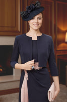 Load image into Gallery viewer, 2 Piece Navy and Blush Pink Tea Length Mermaid Mother of the Bride Dress