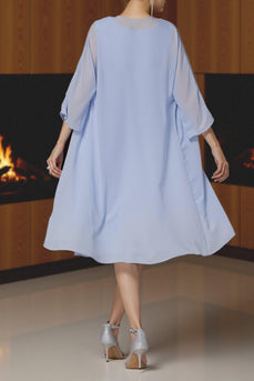 2 Piece Light Blue Tea Length A Line Lace Mother of the Bride Dress