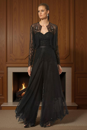 2 Piece Black Lace Long Sweetheart Mother of the Bride Jumpsuits with Jacket