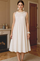 Load image into Gallery viewer, Ivory A Line Tea Length Ruched Mother of the Bride Dress with Pearls