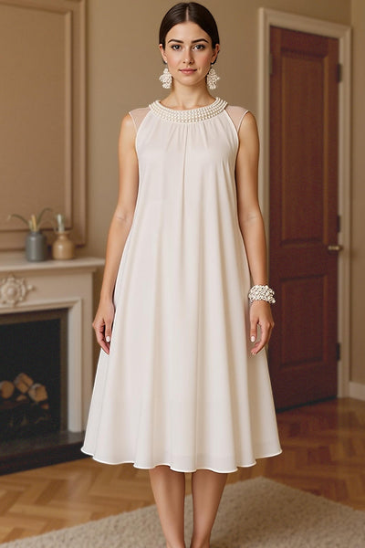 Ivory A Line Tea Length Ruched Mother of the Bride Dress with Pearls