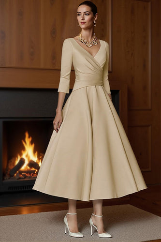 Champagne A Line Ruched V Neck Ankle Length Mother of the Bride Dress