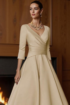 Champagne A Line Ruched V Neck Ankle Length Mother of the Bride Dress