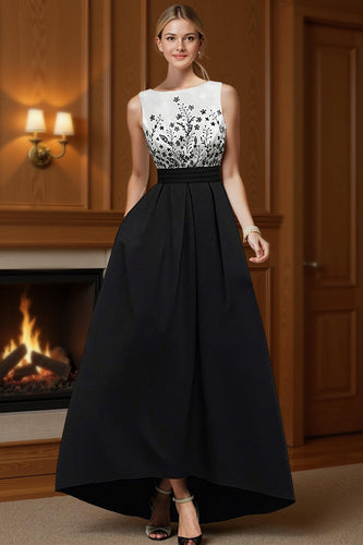 Black and White Floral A Line Backless Long Mother of the Bride Dress