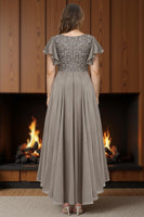 Load image into Gallery viewer, Dusty Blue A Line V Neck Ankle Length Ruffled Mother of the Bride Dress with Sleeves