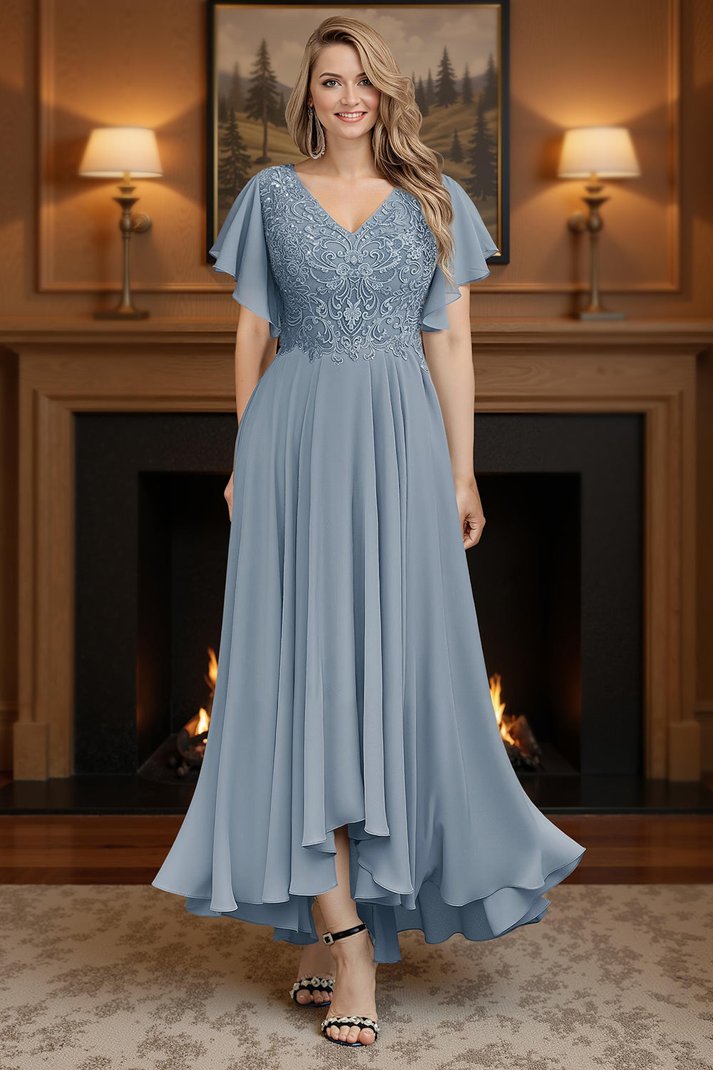 Dusty Blue A Line V Neck Ankle Length Ruffled Mother of the Bride Dress with Sleeves